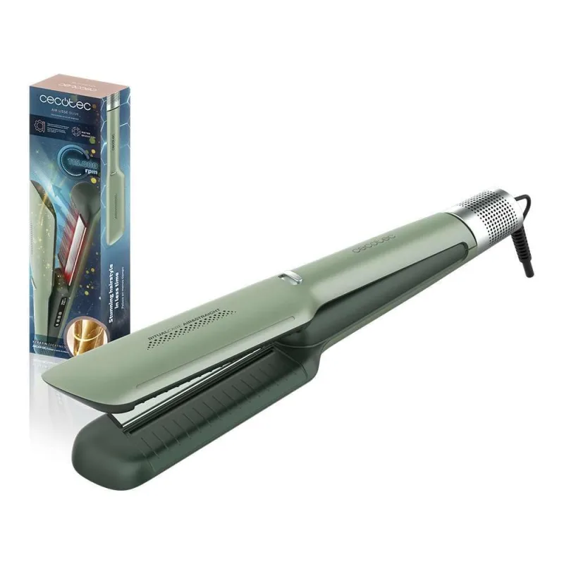 Cecotec Plancha de Pelo con Aire Air Lisse Olive. 600W, Protege el Cabello, Tecnología Iónica, Keratina y Aceite de Argán, 3 Modos y Motor BLDC, Todo Tipo de Cabellos, 3 Temperaturas y 3 Velocidades
