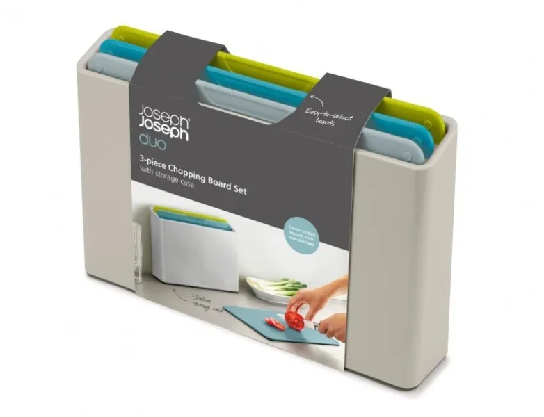 Juego de Tablas de Cortar Joseph Joseph Duo con Estuche, 3 Piezas, Antideslizantes, Apta para Lavavajillas, para Carne, Verduras y Pan, Diseño Compacto, Prevención de Contaminación Cruzada