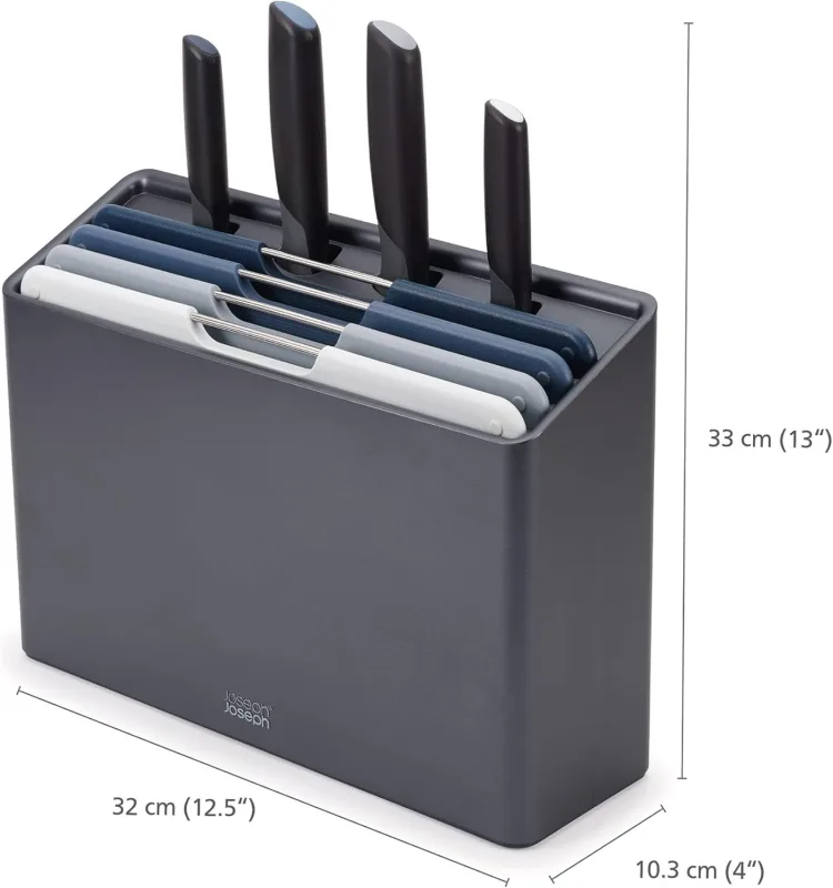 Juego de Cuchillos y Tabla de Cortar Folio™ Plus de 8 Piezas, Cuchillos Duraderos, Antideslizante, Apta para Lavavajillas, Diseño Elegante en Gris, Ideal para Cortar Alimentos