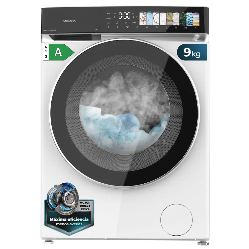 Cecotec Lavadora 9Kg Carga Frontal Bolero DressCode 9970 Direct Drive. Motor Direct Drive, 1400RPM, 11 Programas, PantallaFullColor, Puerta XXL, Función Vapor, Luz Interior, Stop&Go, Blanco