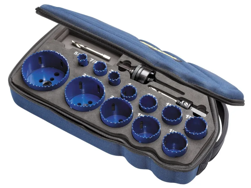 IRWIN 10506444 - Juego de coronas 1200G: 16, 19, 22, 25, 29, 32, 35, 38, 44, 51, 64, 76 mm, husillos 10504533 y 10504535, 3 Broca piloto