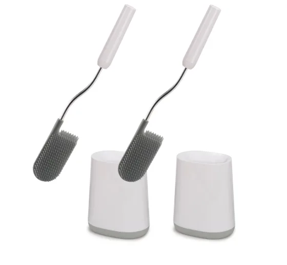 Paquete de 2 cepillos de baño Joseph Joseph Flex Lite diseño flexible e higiénico con cabezal en forma de D para limpieza eficaz, incluye soporte, color gris claro