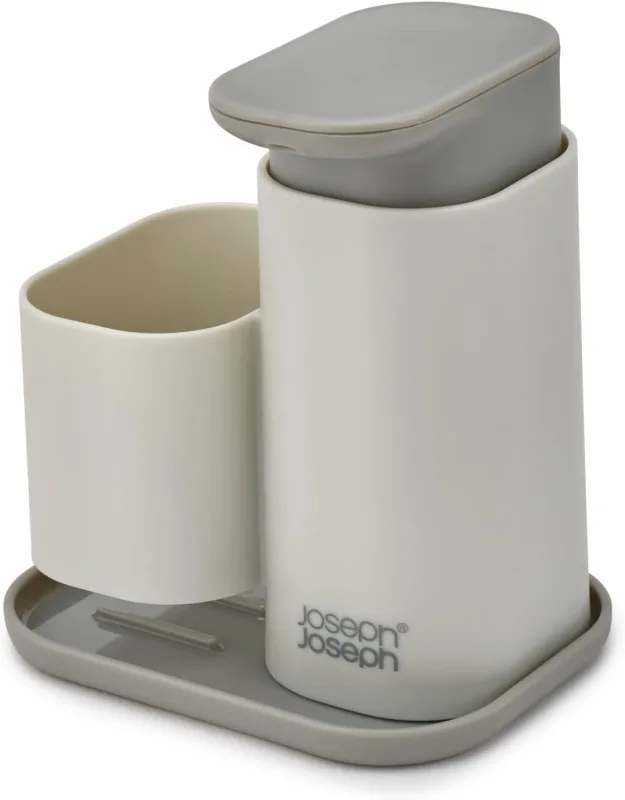 Dispensador de Jabón con Portaesponja Joseph Joseph Duo, para Organizar Fregadero, Plástico Resistente, Diseño Compacto, Portaesponja Integrado, Color Gris Moderno.