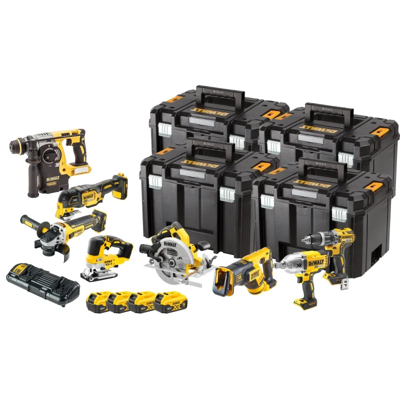Kit Combo DEWALT 18V DCK865P4T (DCD796, DCF899H, DCS367, DCH273, DCS334, DCG405, DCS355, DCS570), 4x5.0Ah, 4xTSTAK, Taladro, Llave de Impacto, Sierra y Más