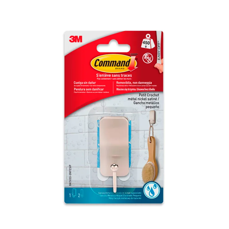 Command 3M BATH33-SN-ES - Gancho de baño, Resistente al Agua, níquel Satinado, tamaño pequeño, 4 Unidades