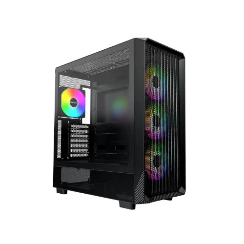 Montech X5- ATX - Carcasa para PC para Juegos de Torre Media, Alto Flujo de Aire, 3 Ventiladores ARGB de 140 mm y 1 x 120 mm preinstalados, Panel Lateral de Vidrio, Detalles de impresión de Carbono