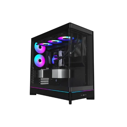 MONTECH HS02 Pro, ATX - Carcasa de PC de Torre Media, PC para Juegos, Alto Flujo de Aire, diseño Reversible, Panel Frontal de Vidrio Templado Curvado Resistente, 5 Ventiladores ARGB PWM preinstalados