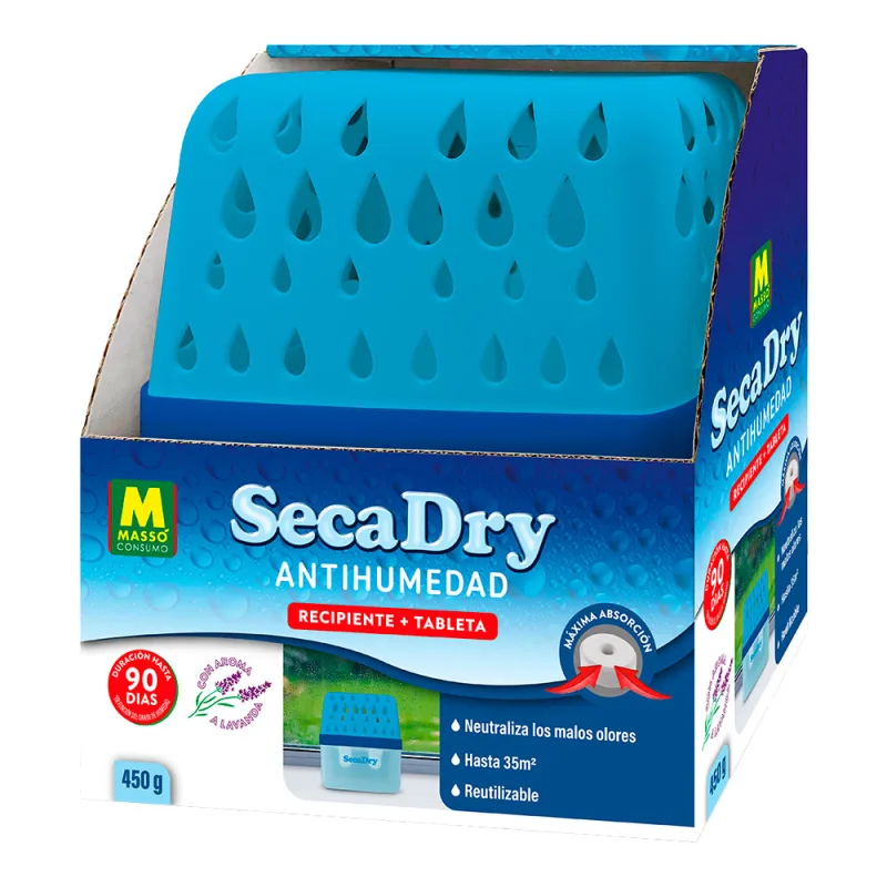 Secadry Antihumedad recipiente drops + tableta 450g - Masso. Deshumidificador absorción 1000 ml / 35 m² neutraliza malos olores lavanda