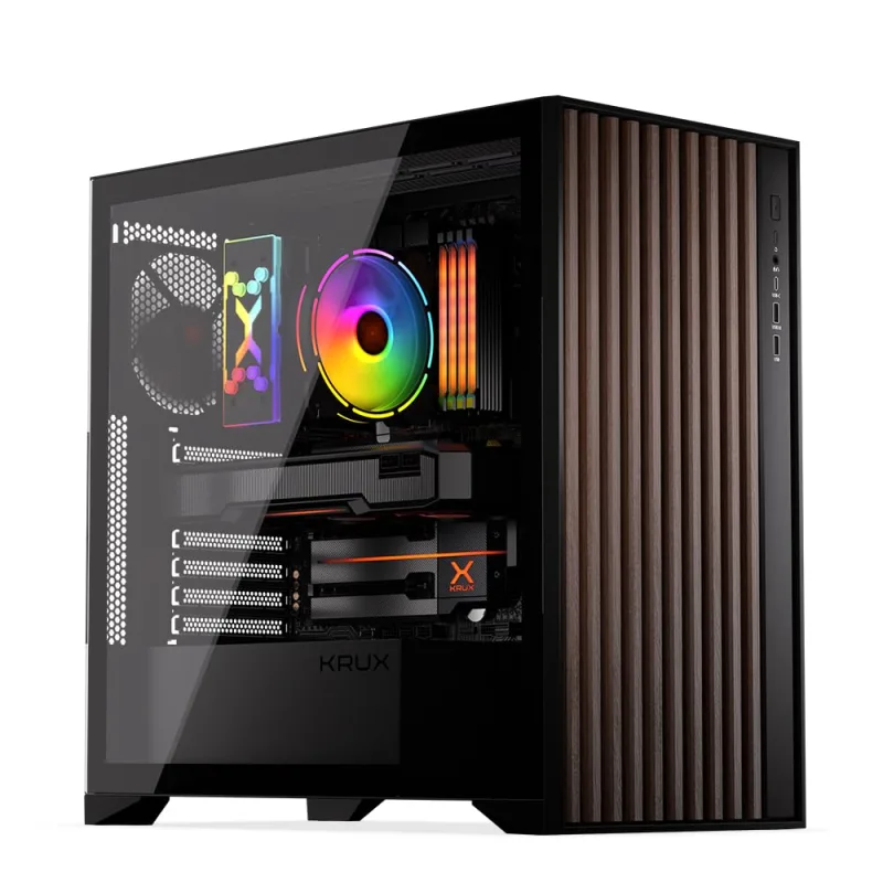 Krux Caja para Ordenador ATX Palum, Panel Frontal de Madera, Ventilador de 2 x 120 mm, Filtro de Polvo, Interior Espacioso, GPU de hasta 395 mm, disipador de CPU de hasta 181 mm