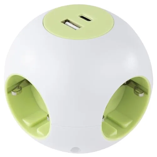 REV PowerGlobe - Regleta de 4 enchufes con 2 Puertos USB (Tipo A y C), Cable de 1,4 m, 3500 W, Color Verde