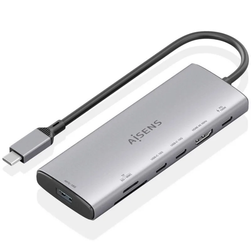 AISENS USB-C Dock 7 en 1, USB-C a 1xHDMI, 1xUSB-A 10G, 2xUSB-C 10G, 1xSD, 1xMicroSD, 1xUSB-C PD 100W, Gris, 20cm