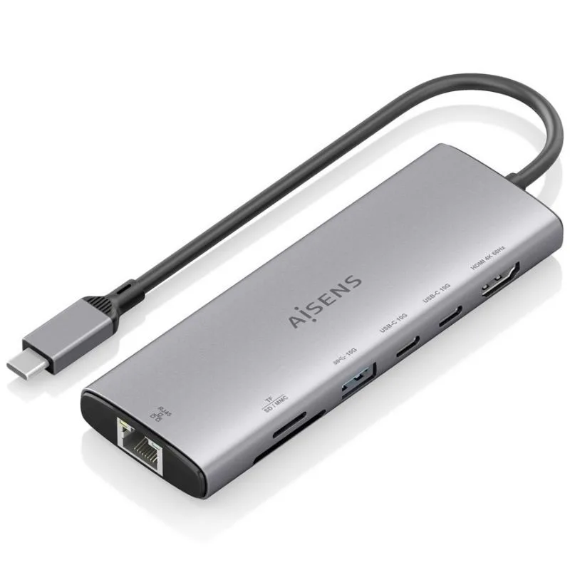 AISENS USB-C Dock 7 en 1, USB-C a 1xHDMI, 1xRJ45, 1xUSB-A 10G, 2xUSB-C 10G, 1xSD, 1xMicroSD, Gris, 20cm