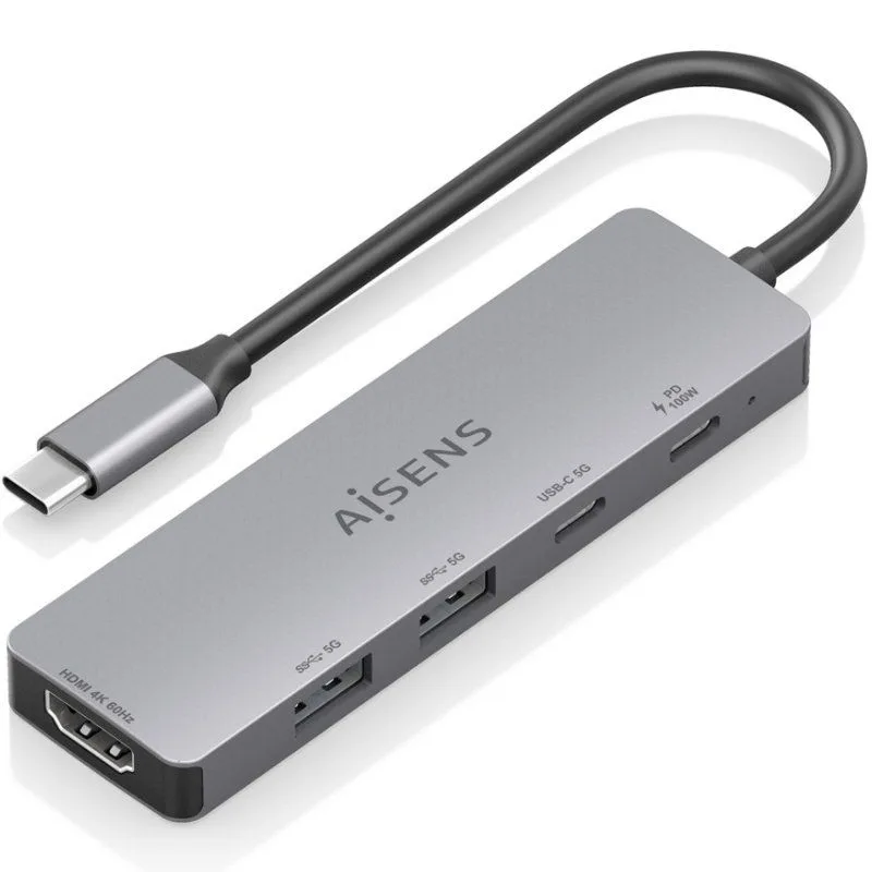 AISENS USB-C Dock 5 en 1, USB-C a 1xHDMI 2xUSB-A 1xUSB-C 1xUSB-C PD, Gris, 15cm