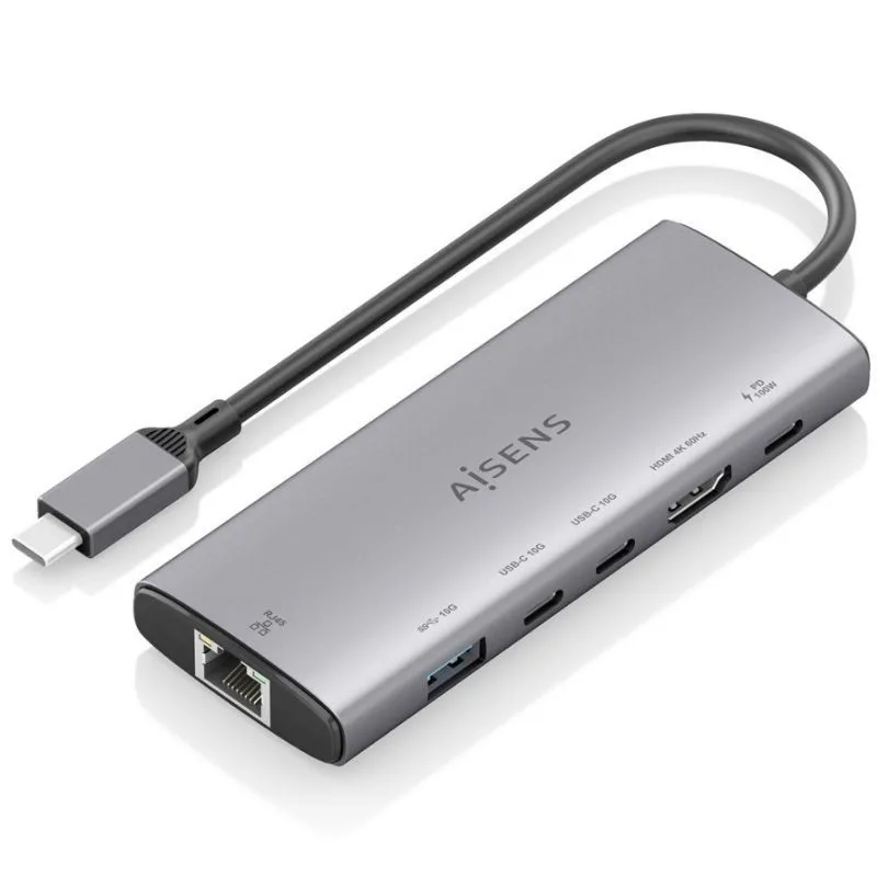 AISENS USB-C Dock 6 en 1, USB-C a 1xHDMI, 1xRJ45, 1xUSB-A 10G, 2xUSB-C 10G, 1xUSB-C PD, Gris, 20cm