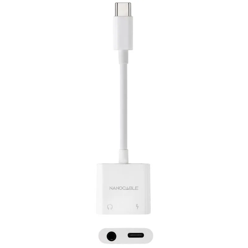 Nanocable Adaptador de Audio USB-C/M a Jack 3.5/H + USB-C/H PD 60W, 11.5 cm, Blanco