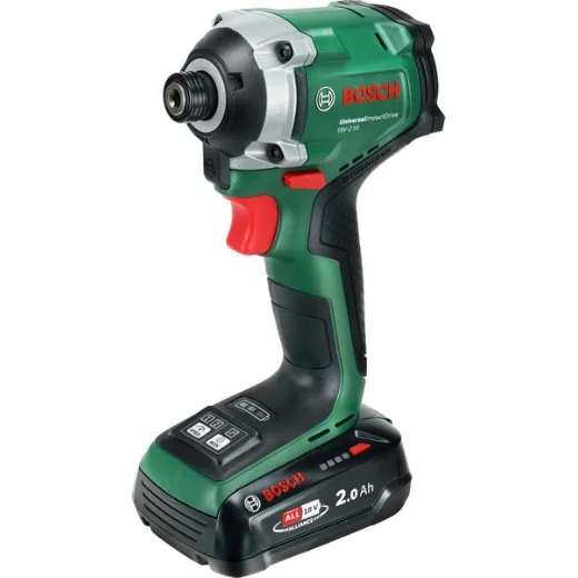 Bosch 18V System atornillador de impacto a batería UniversalImpactDrive 18V-210 (potente y compacto para madera; batería PBA 18V 2.0Ah W-BM, cargador AL18V-20, estuche de transporte incl.)