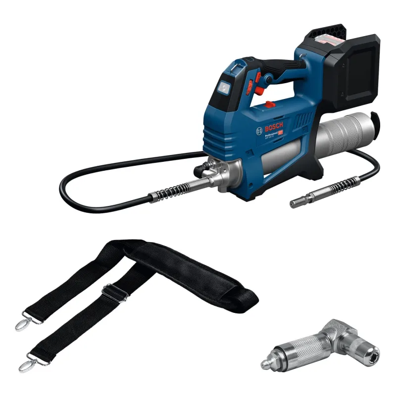 Pistola de engrasado a batería GFP 18V-10 con Bosch Professional 18V System (presión operativa máxima de 10 000 psi, caudal máximo de hasta 320 g/min., incl. acoplador de 90°, correa para el hombro)