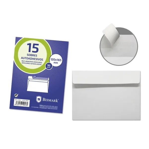 Bismark pack de 15 sobres comercial papel 90grs - medidas 120x165mm - cierre autoadhesivo - color blanco