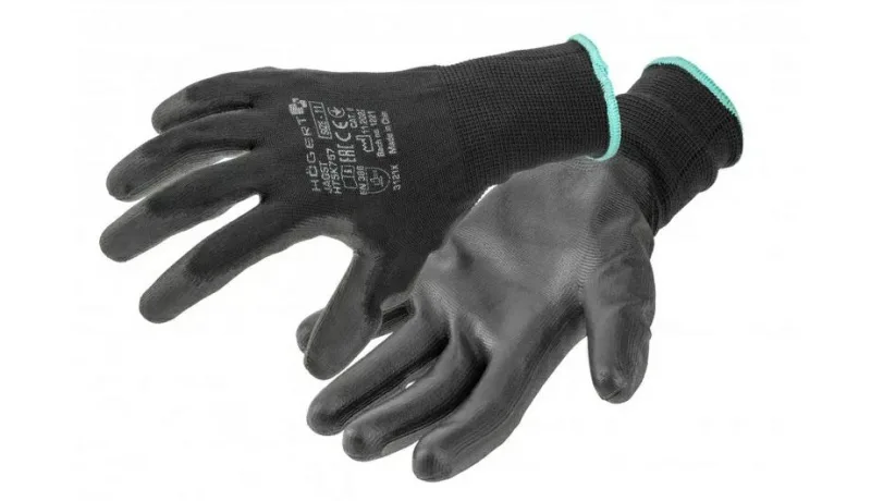 Högert Technik JAGST Guantes con revestimiento de poliuretano, color negro, talla 9, 12 pares/paquete, resistentes a la abrasión y flexibles, ideales para trabajos de montaje precisos