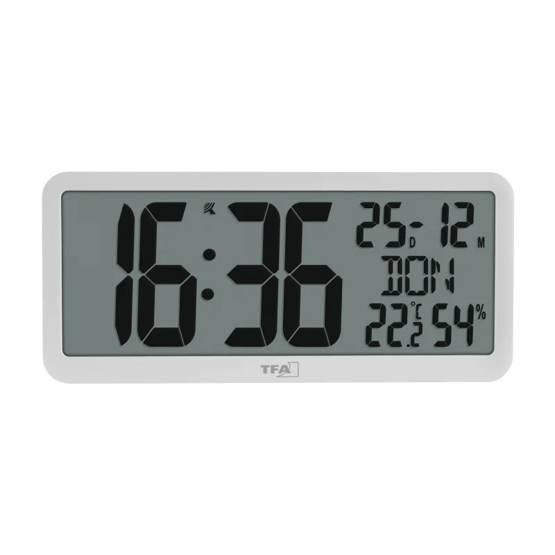 TFA Dostmann Reloj de Pared Digital XL con Clima Interior, 60.4525, Reloj de Mesa con Temperatura y Humedad, fácil de Leer, oficinas Grandes, Pasillo, salón, portagafas, función de