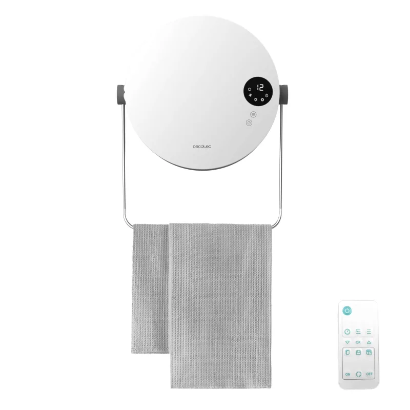 Cecotec Toallero Calefactor Cerámico de Pared ReadyWarm 2000 Round. 2000W, 2 Niveles, LED, Touch Control, Mando a Distancia, Temporizador, IP22, Diseño Elegante, Seguridad, Ideal Baños
