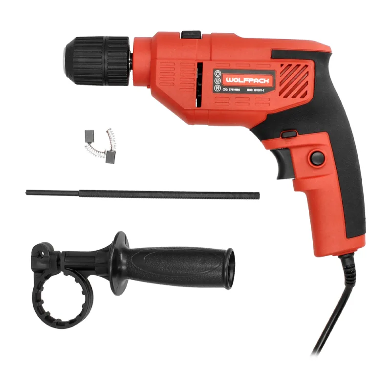 Taladro percutor 710 watt 13 mm. con variador de velocidad. incluye empuñadura y guia metalica.