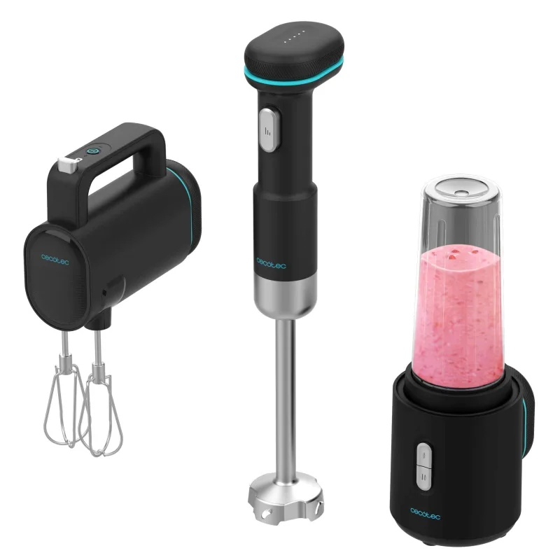 Cecotec Batidoras de Mano Portátil BlendGo Pack. 180W, Batería con Carga 2h, 30min Uso, Indicador Batería, Accesorios Completos, Temp 60-96ºC, Velocidad 6500-13000 RPM, Recargable, Botón de Seguridad
