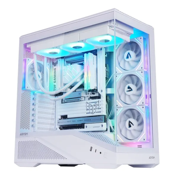 Abysm Gaming Arian Frame A400 - Torre ATX Gaming con Chasis Inclinado, 4 Ventiladores ARGB PWM, Cristal Templado, Soporte GPU 420 mm, USB Type-C, Refrigeración Líquida 360 mm - Caja PC Gamer Blanca