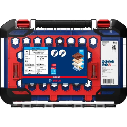 Bosch 10x Set universal de sierras de corona EXPERT Construction Material PC Plus (para Madera blanda, Aglomerado, Ø 20, 25, 32, 38, 51, 64 mm, Professional Accesorios Taladro)