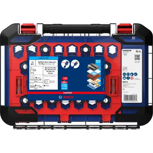 Bosch 14x Set universal de sierras de corona EXPERT Multi Material PC Plus (para Madera con metal, Ladrillo, Ø 20-76 mm, Professional Accesorios Taladro)