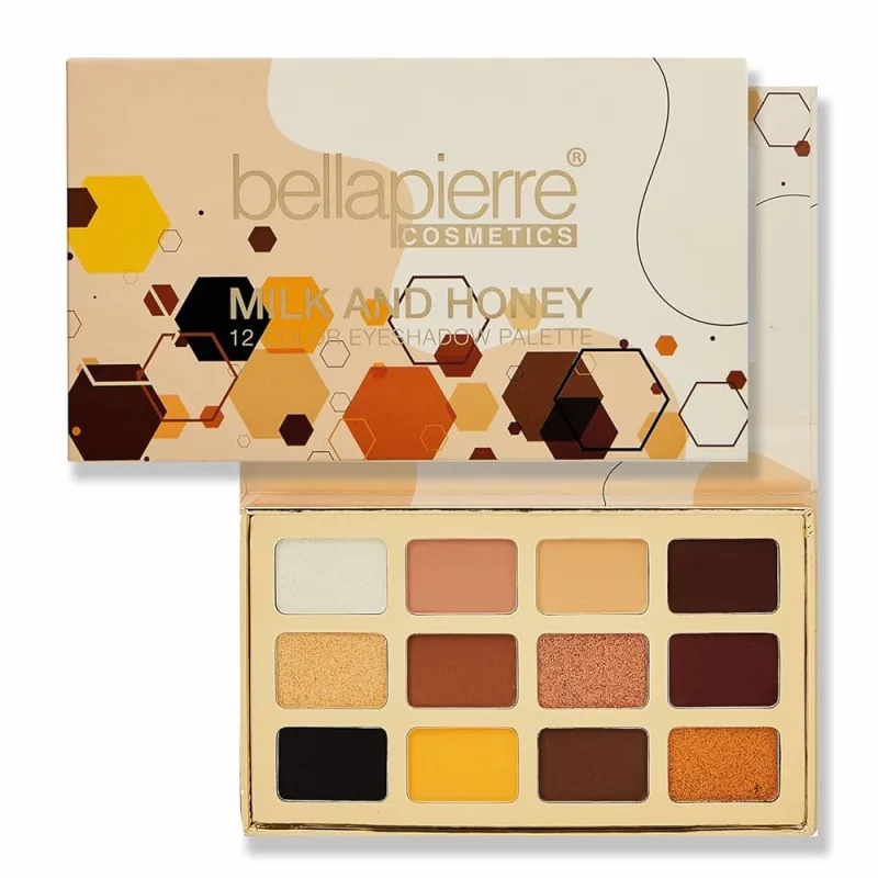 bellapierre Milk & Honey - Paleta de sombras de ojos | 12 tonos en acabados mate, satinado, brillante y laminado, no tóxica y sin parabenos, vegana y libre de crueldad animal