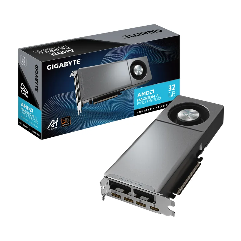GIGABYTE Radeon AI PRO R9700 AI TOP 32G Tarjeta Gráfica - 32 GB GDDR6, 256 bits, PCI-E 5.0, 2920 MHz Frecuencia del núcleo, 3 x DisplayPort, 1 x HDMI, GV-R9700AI TOP-32GD 1.1