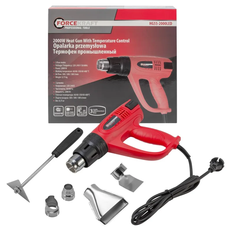 Soplador eléctrico con boquillas (230v, 50/60hz, 2000w, 60/350/600 grados, 50/300/500 l/min)