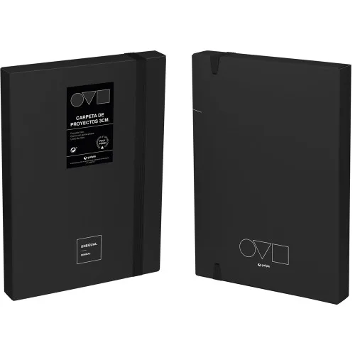 Grafoplas - Carpeta Archivadora de Proyecto, Lomo 3cm, Tamaño Folio, Tapa Rígida, PolyFoam, Resistente y Ultraligero, Color Negro, Colección Unequal Minimal, Perfecta para Documentos Escolares