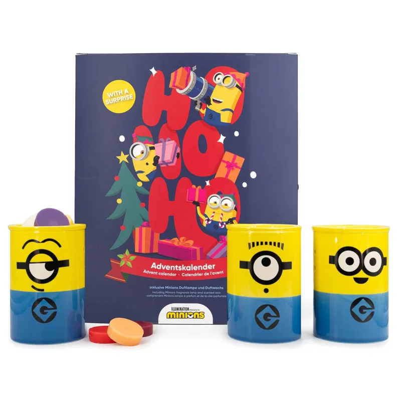 Minions Calendario de Adviento con quemador de aroma y 24 cubos de cera aromática - Calendario oficial de los Minions con Stuart, Carl o Bob - 12 fragancias diferentes para lámpara de té - Regalos