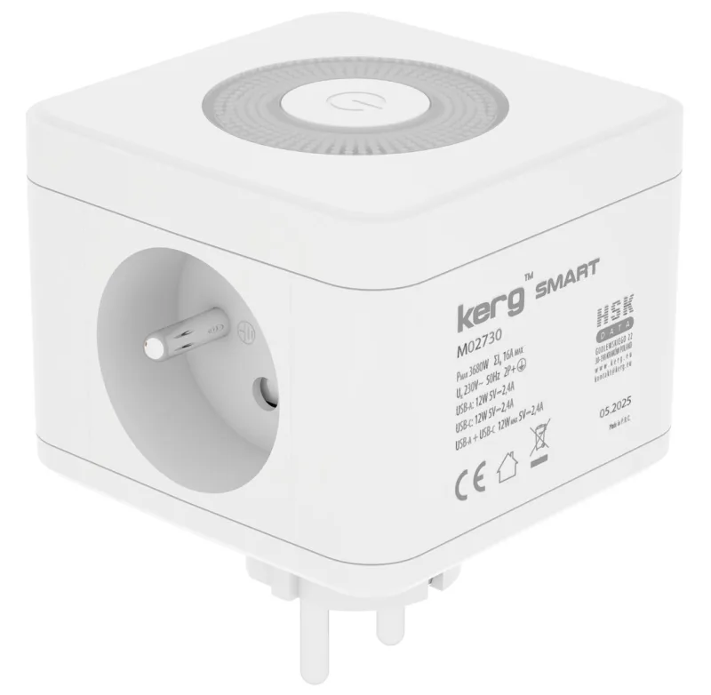 Kerg smart - 2-socket power strip + usb-a+usb-c charger + led light 16a/250v~ m02730