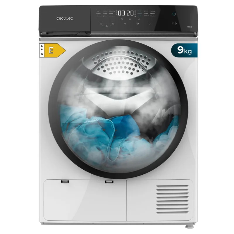 Cecotec Secadora de Ropa Bomba de Calor 9 kg Bolero DressCode Dry 9400, Clase Equivalente A++, 15 programas, Funciones de Secado Automático, Planchado Fácil, Stop&Go, Delay Start y KidLock, Blanca