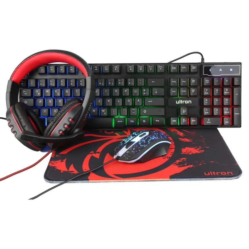 Ultron HAWK Gaming Set teclado Ratón incluido Juego QWERTZ Alemán Negro, Rojo, Blanco