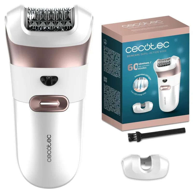 Cecotec Depiladora Eléctrica de Arranque con Accesorio Zonas Sensibles SkinCare Depil-Action 6000. 60 Láminas, Luz LED, Autonomía 60 minutos, Clasificación IPX5, Diseño Ergonómico, Indicador LED
