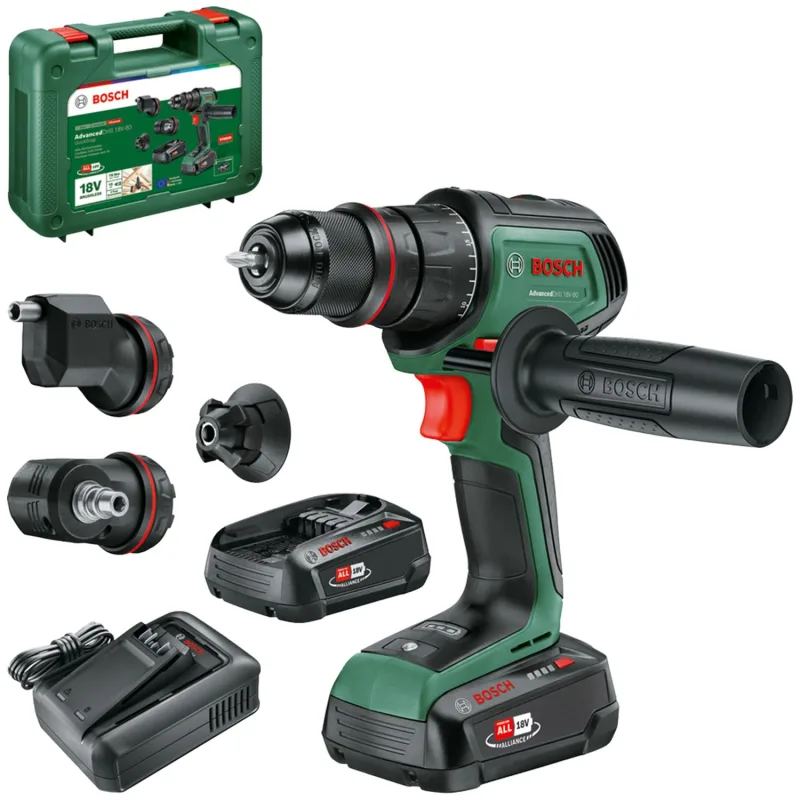 Bosch Taladro/atornillador con batería AdvancedDrill 18V-80 QuickSnap (taladrar/atornillar; accesorio angular, excéntrico y magnético; empuñadura adic.; con batería y cargador)