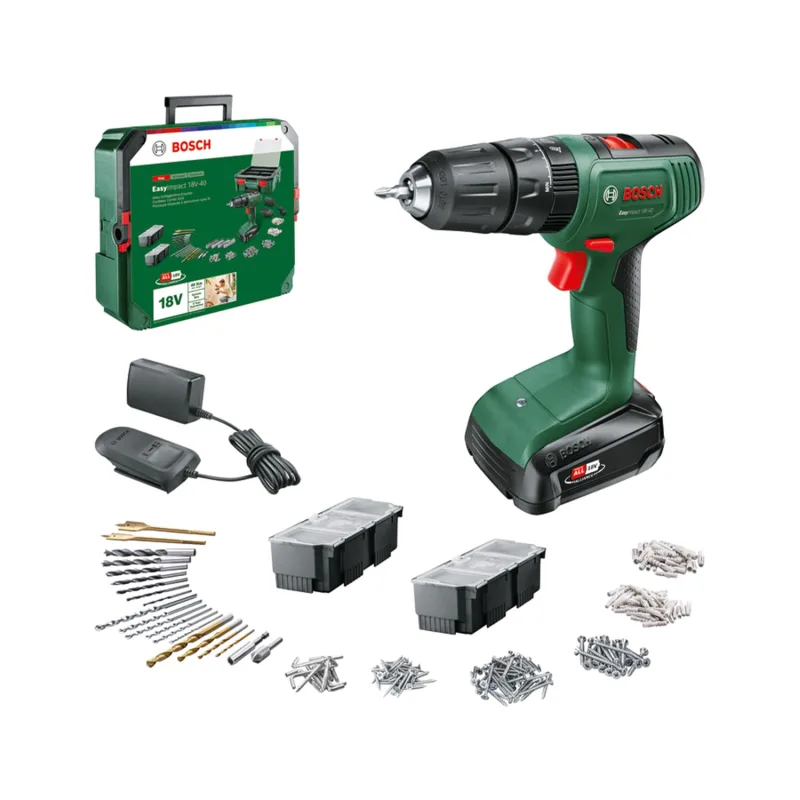 Bosch taladro percutor a batería EasyImpact 18V-40 (atornillar y perforar en madera, metal y plástico; taladrar con percusión en mampostería; 241 puntas; 1 batería de 1,5 Ah; sistema de 18 V)