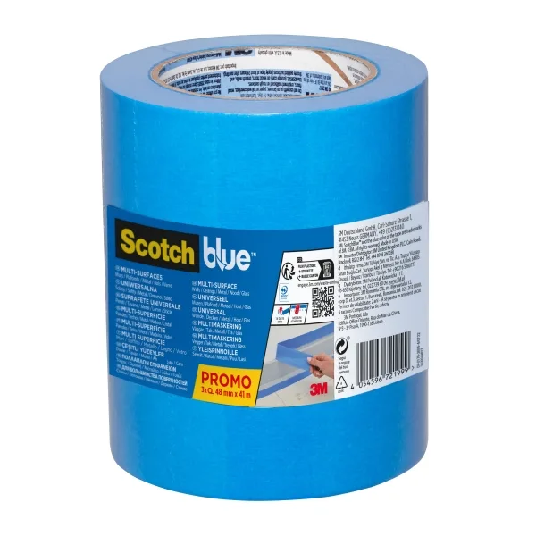 ScotchBlue Cinta de Enmascarar Multisuperficie, 48 mm x 41 m, 3 Rollos/Paquete - Cinta Adhesiva Scotch Azul para Pintores, para Pintar y Decorar, Interior y Exterior, 70% PEFC