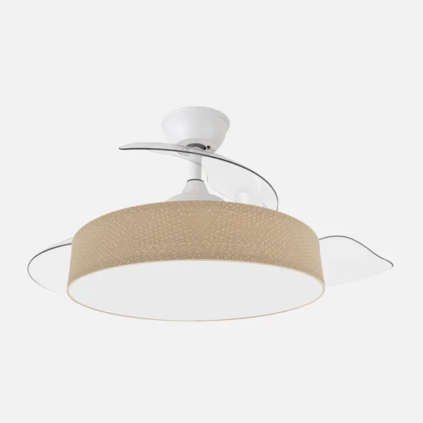 ABRILA - Ventilador Boga 72W Blanco/Beis | Ventilador DC con 3 Aspas Desplegables | Tecnología LED 7200lm | Control Remoto con Memoria de Color y Temporizador | 3 Temperaturas de Luz