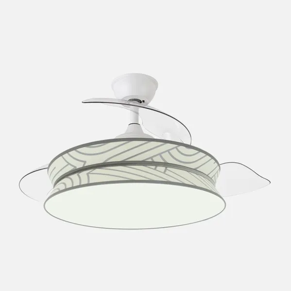 ABRILA - Ventilador Decor 72W Blanco/Plata | Ventilador DC con 3 Aspas Desplegables | Tecnología LED 7200lm | Control Remoto con Memoria de Color y Temporizador | 3 Temperaturas de Luz