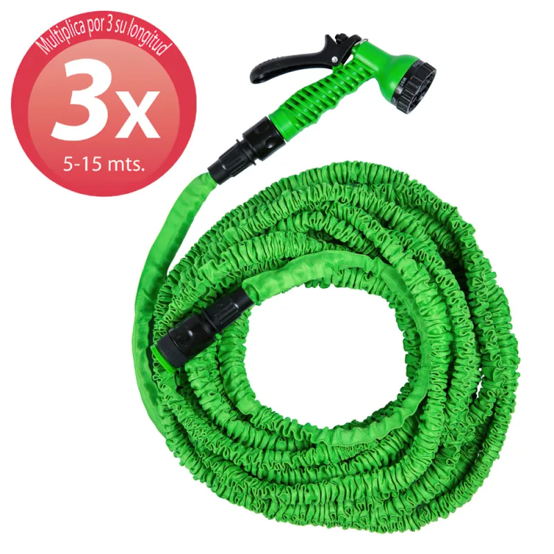 WOLFPACK LINEA PROFESIONAL Manguera Extensible Riego 5 a 15 Metros con Pistola De 7 Posiciones