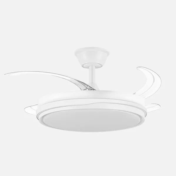 ABRILA - Ventilador DC TEMPANO | Color Blanco con tres Aspas Desplegables | con 6 Velocidades Ajustables | con 3 Temperaturas de Luz | Mando a Distancia Incluido