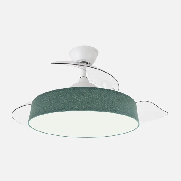 ABRILA - Ventilador Boga 72W Blanco/Verde | Ventilador DC con 3 Aspas Desplegables | Tecnología LED 7200lm | Control Remoto con Memoria de Color y Temporizador | 3 Temperaturas de Luz