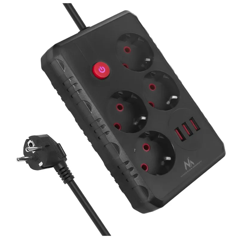 Maclean Regleta MCE392/3 | 4 Tomacorrientes 3xUSB 2500W | Tomas angulares de 45° | Interruptor Iluminado montado en Pared, Universal para el hogar, la Oficina y los Juegos (Negro, 3 m)