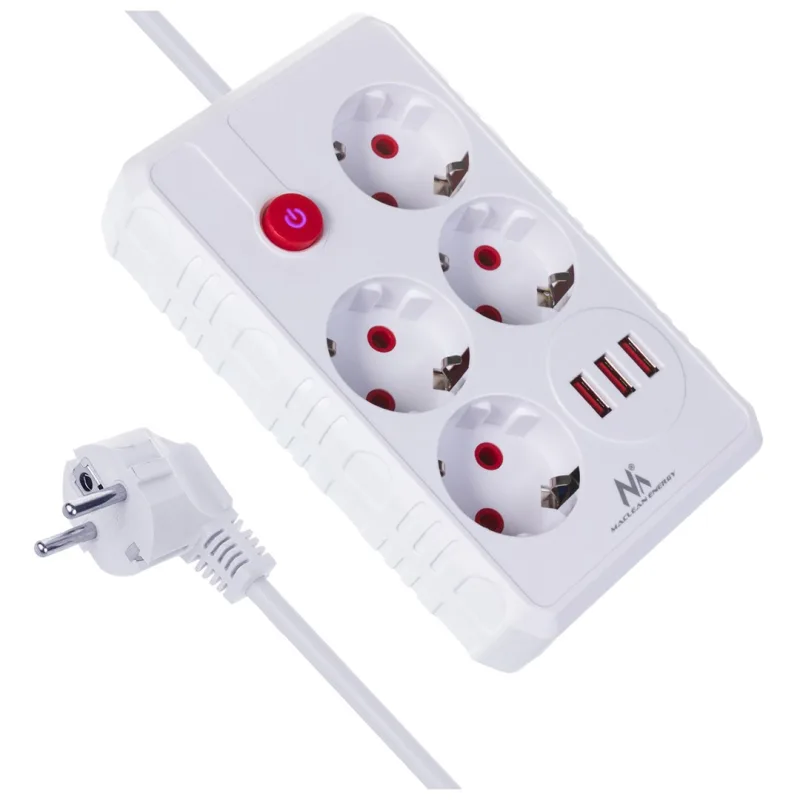 Regleta de enchufes maclean, cable alargador de 4 tomas + 3xusb, 110-240 v ca 50/60 hz, 2,1 a máx. 2500 w, 3 m, blanco, mce393 w