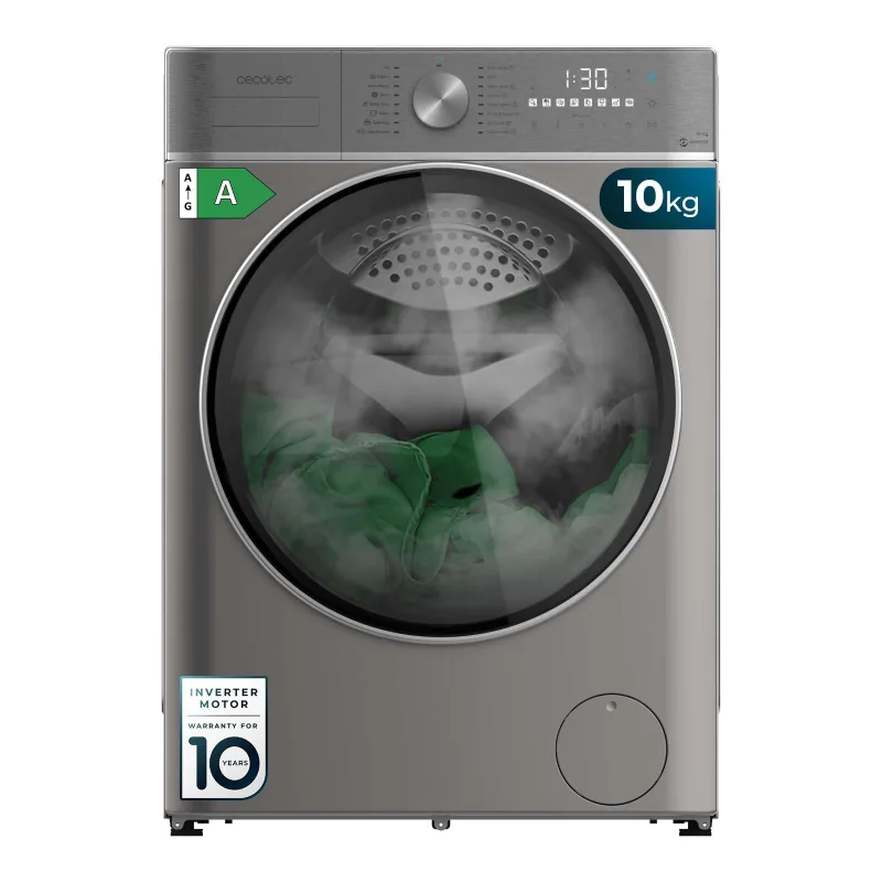 Lavadora secadora steel de 10 kg y 6 kg de capacidad y 1400 rpm, 16 programas, motor inverter plus, clase a, steammax, onsmart, fuzzy logic, smooth wash, spacare, stain match y goma antibacteriana.